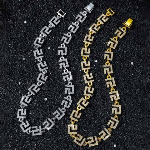 Collana e Bracciale da Uomo Hip Hop in Lega con Strass Greca Motivo a Meandro Catena a Maglie Gioielli di Lusso per Feste