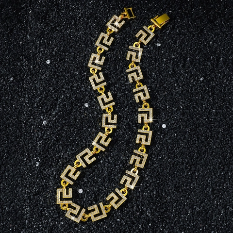 Collana e Bracciale da Uomo Hip Hop in Lega con Strass Greca Motivo a Meandro Catena a Maglie Gioielli di Lusso per Feste