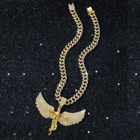 Collana con Pendente ad Ali di Angelo Hip Hop Lega di Zinco Pieno di Strass Catena a Maglia Cubana Gioielli da Uomo