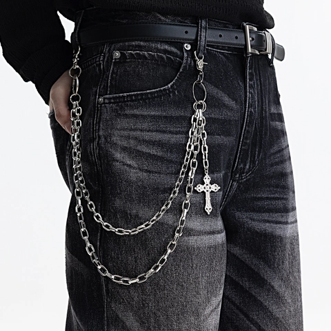 Hip Hop Punk Zilveren Metalen Dubbele Laag Broek Ketting Met Gotisch Kruis Hanger Streetwear Taille Ketting Voor Mannen