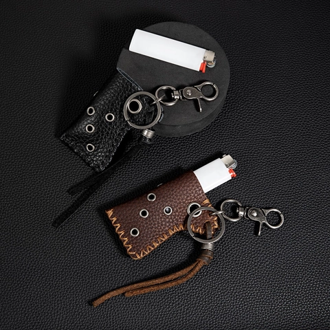 Llavero de Funda para Encendedor de Cuero Genuino Retro Con Ojales Metálicos Borla Estilo Hip Hop Motero para Hombre Mujer