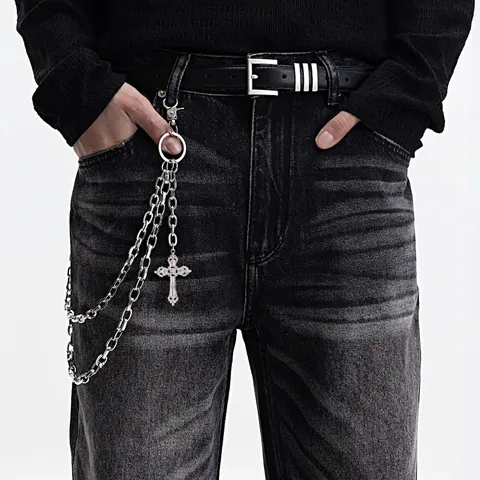 Hip Hop Punk Zilveren Metalen Dubbele Laag Broek Ketting Met Gotisch Kruis Hanger Streetwear Taille Ketting Voor Mannen