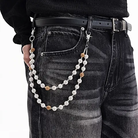 Hip Hop Double Layer Rhinestone Pant Chain Metal Inlaid Disco Ball Beads Waist Chain For Jeans Streetwear Fashion Jewelry