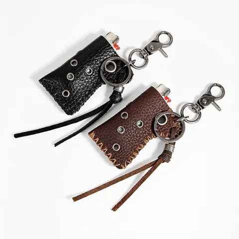 Llavero de Funda para Encendedor de Cuero Genuino Retro Con Ojales Metálicos Borla Estilo Hip Hop Motero para Hombre Mujer