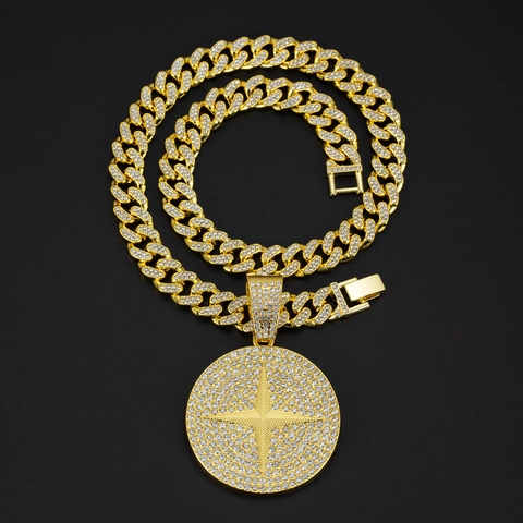 Hip Hop Zinklegierung Strass Stern Medaillon Anhänger Halskette Set Gold Silber Plattiert Dicke Panzerkette Schmuck Für Herren Damen