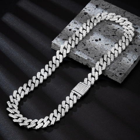 Hip Hop 14mm Raute Panzerkette Halskette Für Herren Damen Iced Out Strass Eingelegt Zinklegierung Trendy Streetwear Schmuck