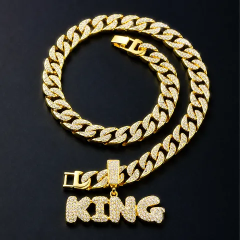 Iced Out King Letter Pendant Necklace Zinc Alloy Rhinestone Miami Cuban Link Chain Hip Hop Street Fashion Jewelry For Men