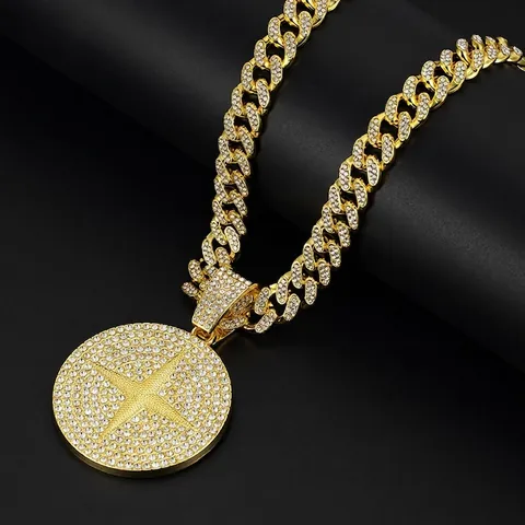 Hip Hop Zinklegierung Strass Stern Medaillon Anhänger Halskette Set Gold Silber Plattiert Dicke Panzerkette Schmuck Für Herren Damen