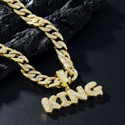 Iced Out King Letter Pendant Necklace Zinc Alloy Rhinestone Miami Cuban Link Chain Hip Hop Street Fashion Jewelry For Men