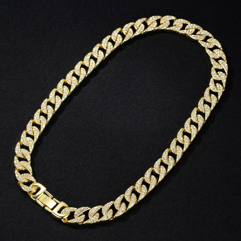 Collier Bracelet Chaîne à Mailles Gourmette 14mm Hip Hop Alliage de Zinc Iced Out Pavé de Strass Bijoux Épais Homme Femme Or Argent