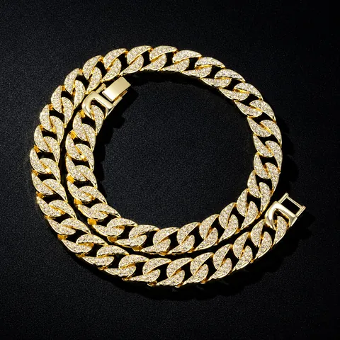 Collier Bracelet Chaîne à Mailles Gourmette 14mm Hip Hop Alliage de Zinc Iced Out Pavé de Strass Bijoux Épais Homme Femme Or Argent