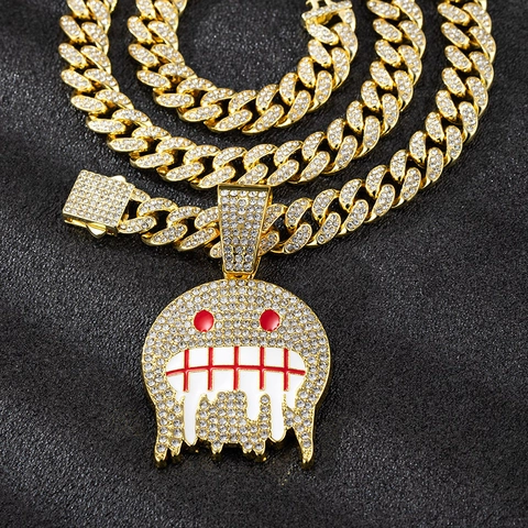 Hip Hop Legierung Strass Tropfen Geistergesicht Anhänger Halskette Gold Silber Panzerkette Iced Out Streetwear Herren Schmuck