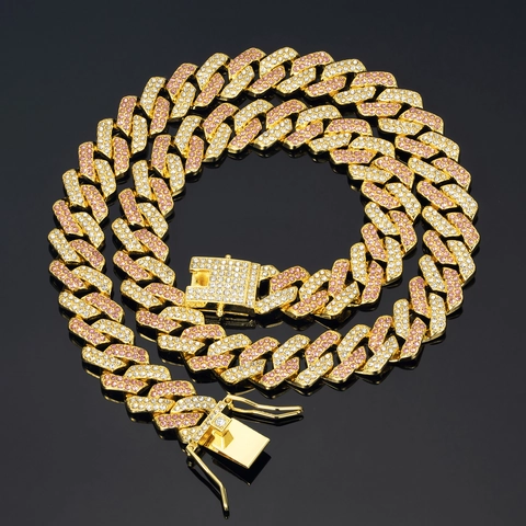 Hip-Hop Iced Out Panzerkette Halskette Zinklegierung Rhombus Rosa Blau Weiß Strass Kette Für Herren Damen Schmuck