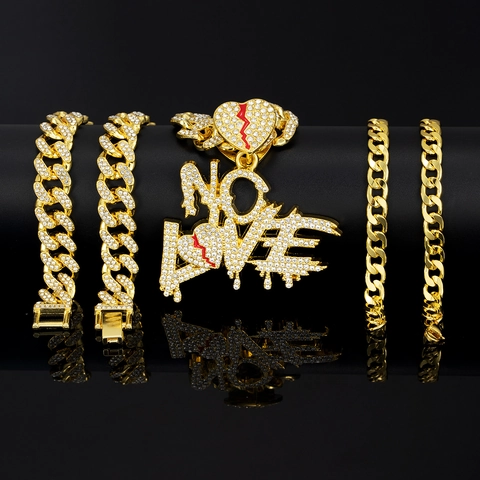 Juego de Joyas Hip Hop Colgante Letra NO LOVE y Corazón Roto Collar y Pulsera Eslabón Cubano Strass para Unisex