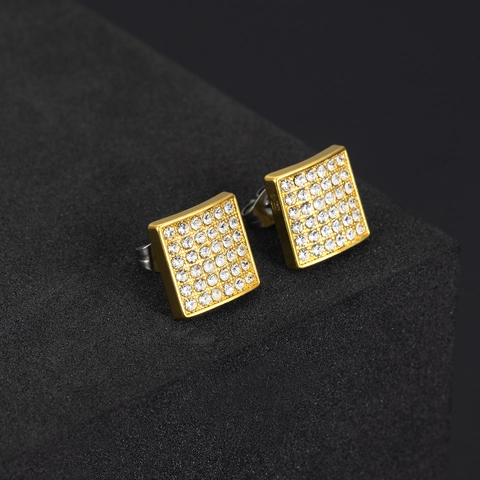 Hip Hop Square Stud Earrings Alloy Rhinestone Paved Earring Post Gold Silver Plated Geometric Jewelry For Men Women