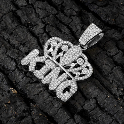 Hip Hop Iced Out Crown KING Letter Pendant Necklace Zinc Alloy Rhinestone Cuban Link Chain Personalized Streetwear Jewelry