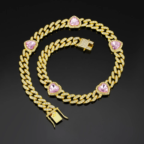 Hip Hop Iced Out Panzerkette Halskette Für Damen Herren Zinklegierung Strass Rosa Rotes Herz Anhänger Schmuck Geschenk