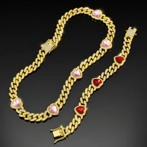 Hip Hop Iced Out Panzerkette Halskette Für Damen Herren Zinklegierung Strass Rosa Rotes Herz Anhänger Schmuck Geschenk