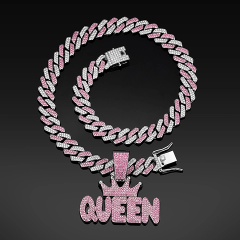 Hip Hop Queen Letter Crown Pendant Cuban Chain Necklace Gold Silver Plated Pink Rhinestone Inlaid Personalized Women Jewelry
