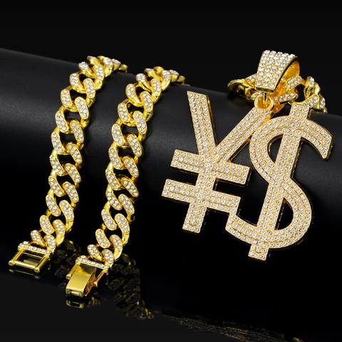Iced Out Dollar Yen Symbol Anhänger Halskette Hip Hop Bling Strass Legierung Panzerkette Für Herren Damen Streetwear Schmuck
