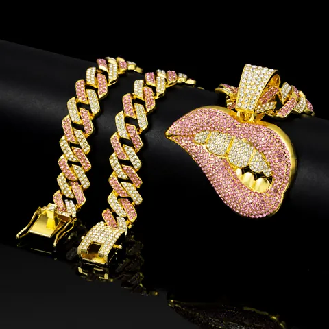Hip Hop Legering Strass Lip Mond Hanger Halsketting Cubaanse Schakelketting Goud Zilver Vergulde Sieraden Voor Mannen Vrouwen