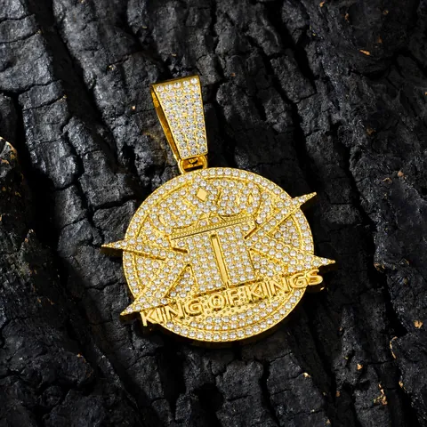 Hip Hop King Of Kings Round Pendant Necklace Iced Out Rhinestone Alloy Cuban Link Chain For Men Jewelry Gold Silver