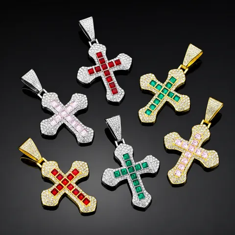Hip Hop Iced Out Kreuz Anhänger Halskette Legierung Strass Doppelschicht Quadratischer Stein Panzerkette Für Herren Damen Schmuck