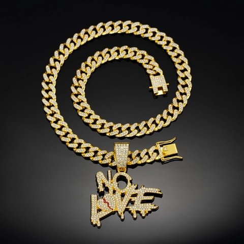 Collana Hip Hop Iced Out NO LOVE Con Ciondolo Cuore Spezzato per Uomo Lega di Zinco Strass Catena Maglia Cubana Gioielli