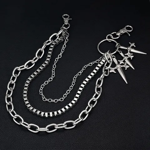 Mehrlagige Hosenkette aus Eisen im Hip-Hop-Punk-Stil mit Dolch- Kreuz- und Totenkopf-Anhängern Streetwear Taillengürtel Unisex