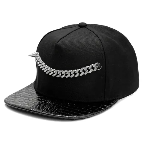 Punk Snapback Hat Cotton Synthetic Leather Rhinestone Cuban Chain Spikes Crocodile Pattern Hip Hop Streetwear Men Women