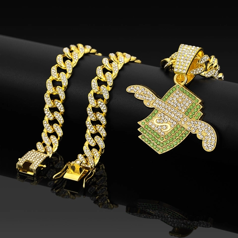 Collier Pendentif Signe Dollar Argent Volant Hip Hop Avec Ailes Alliage de Zinc Givré Strass Maillon Cubain Pour Unisexe