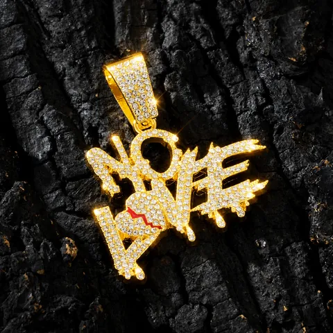 Collana Hip Hop Iced Out NO LOVE Con Ciondolo Cuore Spezzato per Uomo Lega di Zinco Strass Catena Maglia Cubana Gioielli