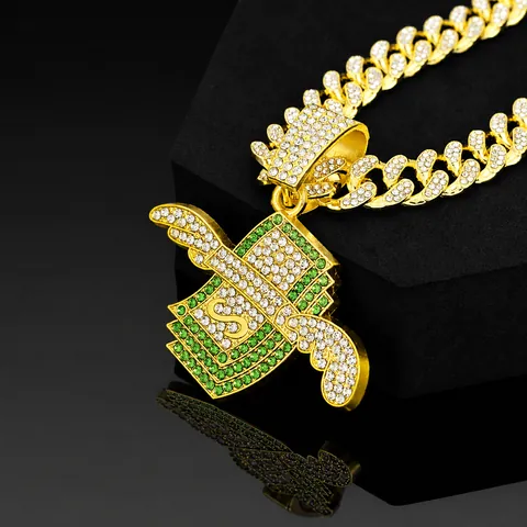 Collier Pendentif Signe Dollar Argent Volant Hip Hop Avec Ailes Alliage de Zinc Givré Strass Maillon Cubain Pour Unisexe