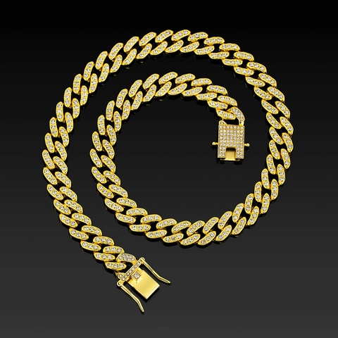 Hip Hop Iced Out Enkelrijige Strass Cubaanse Schakelketting Halsketting Armband Set Zinklegering Vergulde Sieraden Voor Heren Dames