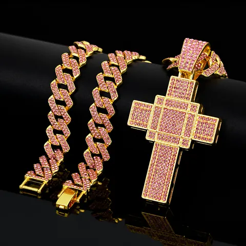 Hip Hop Zinklegierung Kreuz Anhänger Halskette Rosa Strass Panzerkette Iced Out Streetwear Schmuck Für Damen