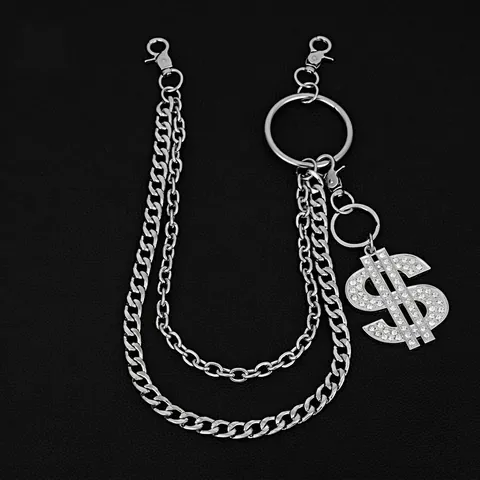Cintura a Catena in Metallo Punk Hip Hop per Uomo Donna Ciondolo Segno del Dollaro Argento Catena per Pantaloni Strass