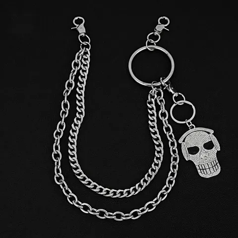 Hip Hop Punk Waist Chain Double Layer Metal Pants Chain With Rhinestone Skull Headphone Pendant Keychain Jewelry For Men Women