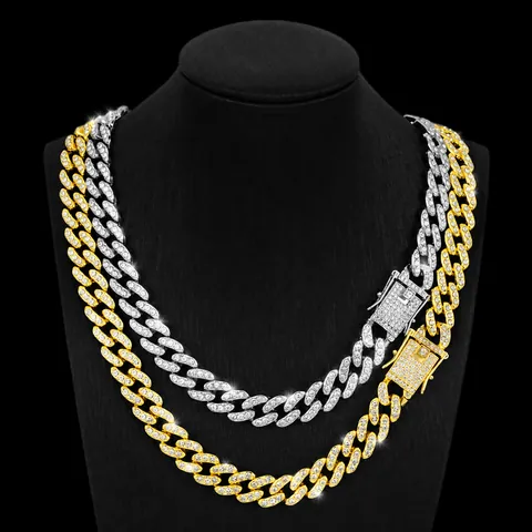 Hip Hop Iced Out Enkelrijige Strass Cubaanse Schakelketting Halsketting Armband Set Zinklegering Vergulde Sieraden Voor Heren Dames