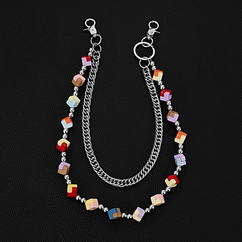 Women Double Layer Hip Hop Punk Waist Chain Colorful Acrylic Cube Dice Jeans Pants Hanging Ornament Bag Decor Jewelry