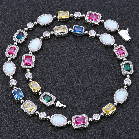 Hip Hop Multi-Color Gemstone Necklace Luxury Copper Zirconia Chain Oval Rectangular Plated Jewelry For Women Men