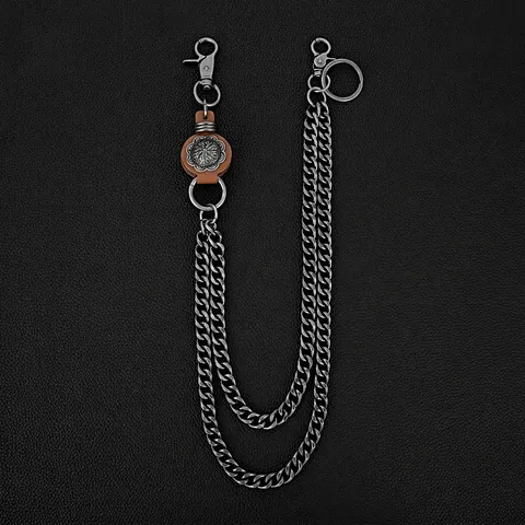 Vintage Double Layer Pants Chain Hip Hop Punk Wallet Chain With Carved Metal Buckle And Leather Decor For Men Women