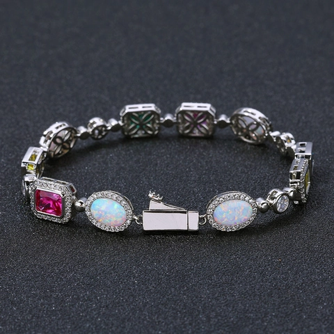 Hip Hop Koper Kleurrijke Zirconia Armband Voor Mannen Vrouwen Iced Out Kunstmatige Opaal Edelsteen Schakelarmband Sieraden