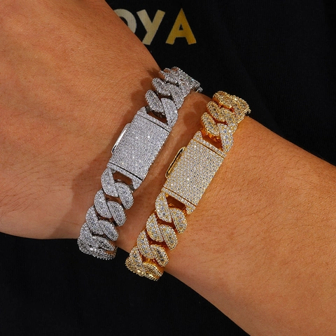 Luxury Hip Hop Cuban Link Bracelet For Men Iced Out Zircon Copper Bracelet With Box Clasp 18K Gold Silver Plated Jewelry
