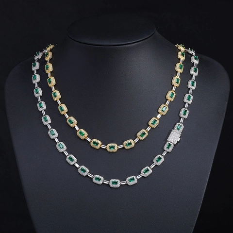Luxe Hiphop Smaragdgroene Zirkonia Halsketting 18K Verguld Koper Rechthoekige Steen Gepersonaliseerde Sieraden Cadeau Voor Heren Dames