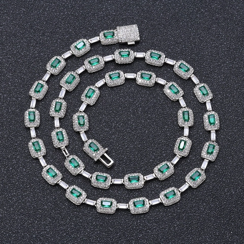 Luxe Hiphop Smaragdgroene Zirkonia Halsketting 18K Verguld Koper Rechthoekige Steen Gepersonaliseerde Sieraden Cadeau Voor Heren Dames