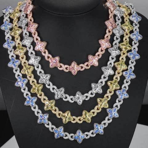 Copper Cubic Zirconia Clover Luxurious Marquise Flower Link Necklace Bracelet For Hip Hop Men Women Party Accessories