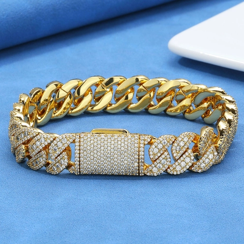Luxury Hip Hop Cuban Link Bracelet For Men Iced Out Zircon Copper Bracelet With Box Clasp 18K Gold Silver Plated Jewelry