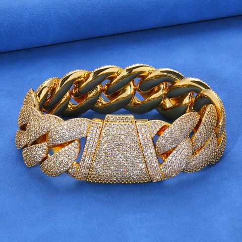 Bracelet Chaîne Cubaine Homme Hip Hop en Cuivre avec Zirconia Plaqué Or Platine Chaîne Géométrique Lourde Bijoux