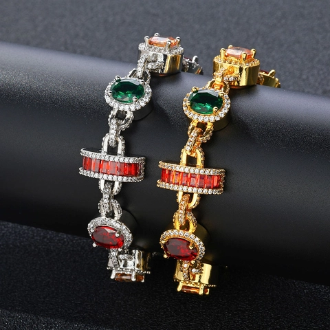 Hip Hop Luxurious Multi Color Gemstone Bracelet Iced Out Copper Zirconia Micro Pave Jewelry For Men Women Fashion Gift