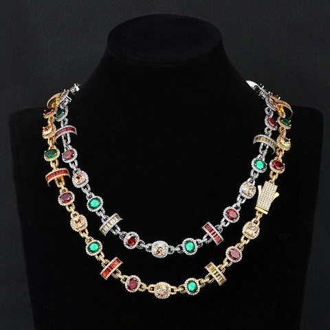 Hip Hop Colorful Gemstone Copper Necklace For Men Western Iced Out Zirconia Geometric Chain Jewelry Gold Silver Necklaces